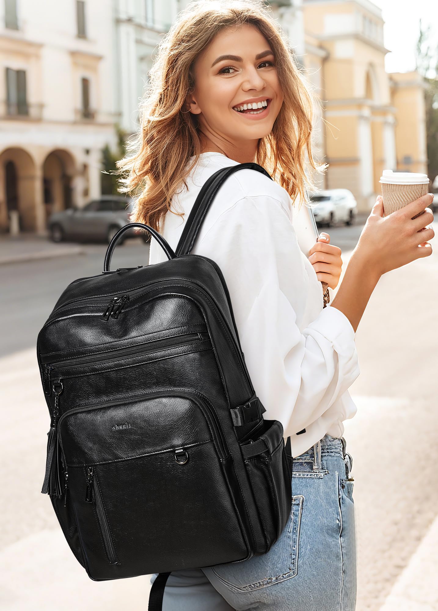 Shrrie Vegan Leather Laptop Backpack for Women,17 Inch Computer Backpack Purse for Work Business College Travel Teacher Nurse with Anti-theft Pocket & Giant Tumbler Holder Pocket,Black