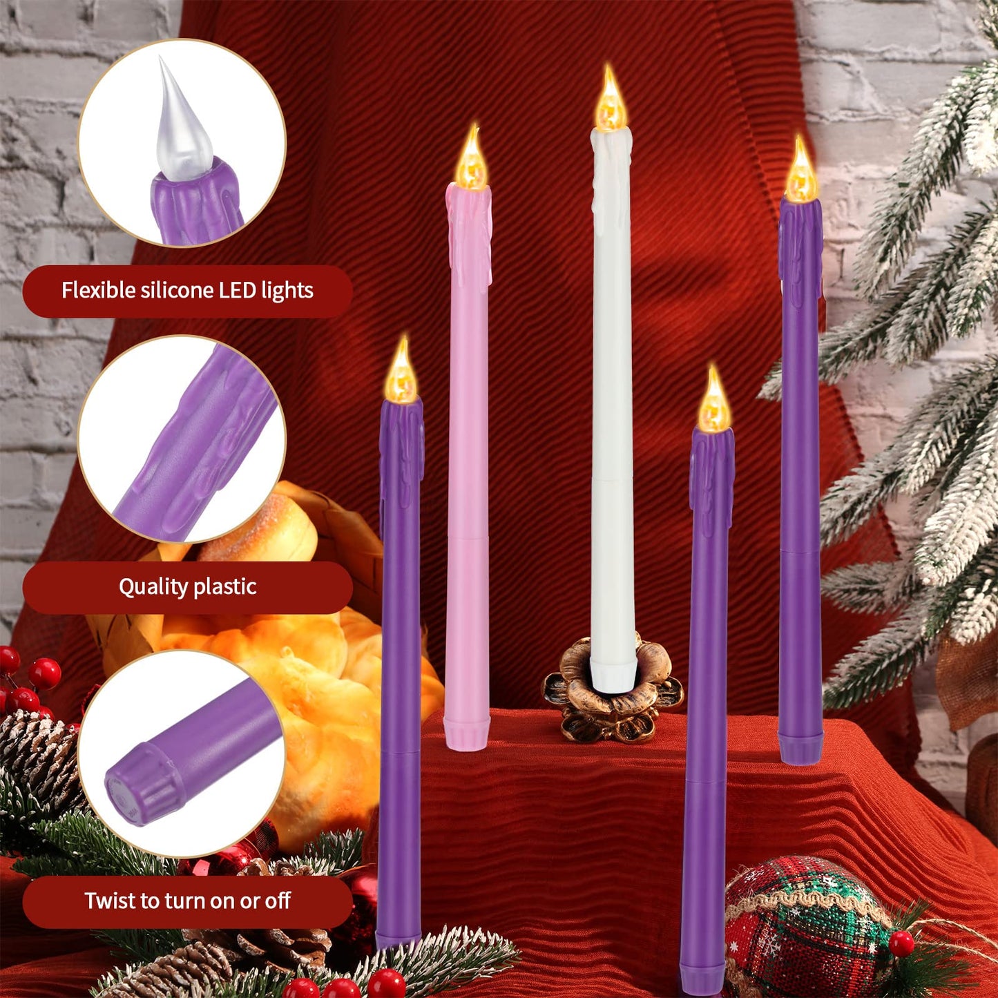 BBTO Christmas Flameless Advent Candles Set of 5 Battery Operated Candles LED Taper Candle Purple & Pink Glitter Flickering Candle for Christmas Fireplace Wreath Decor(Teardrop Style)