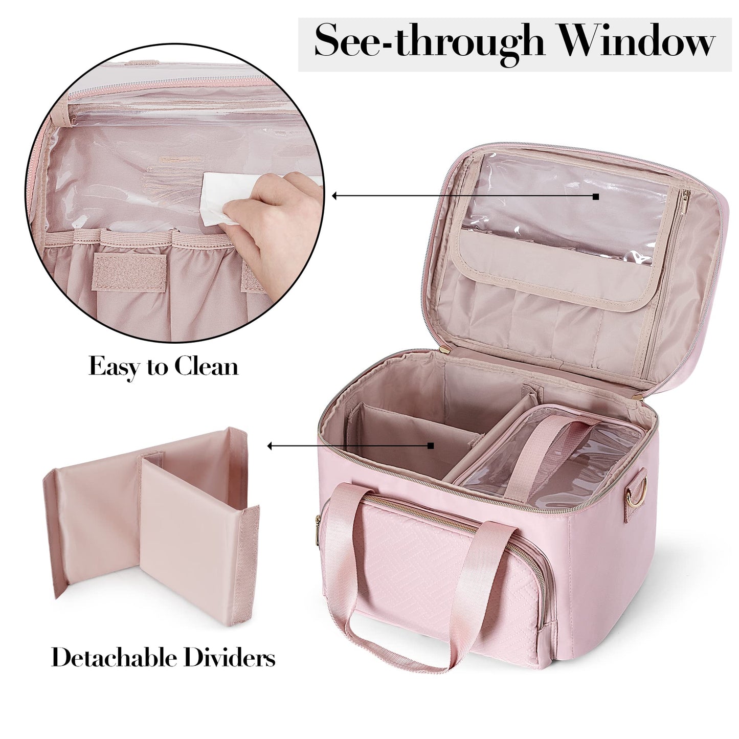 Prokva Travel Makeup Bag with 2 Pouches and Adjustable Dividers, Large Cosmetic Case Make up Organizer for Women Fits Bottles Vertically, Pink (Patented Design)