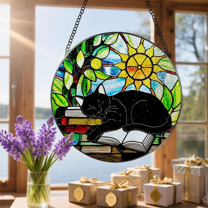 Stained Glass Window Hanging, 8 Inch Black Cat on Book Stained Glass Suncatcher, Window Decor Hanging, Cat Lover Gifts, Reading Decor, Bookish Gift, Librarian Gift, Book Lover Gifts