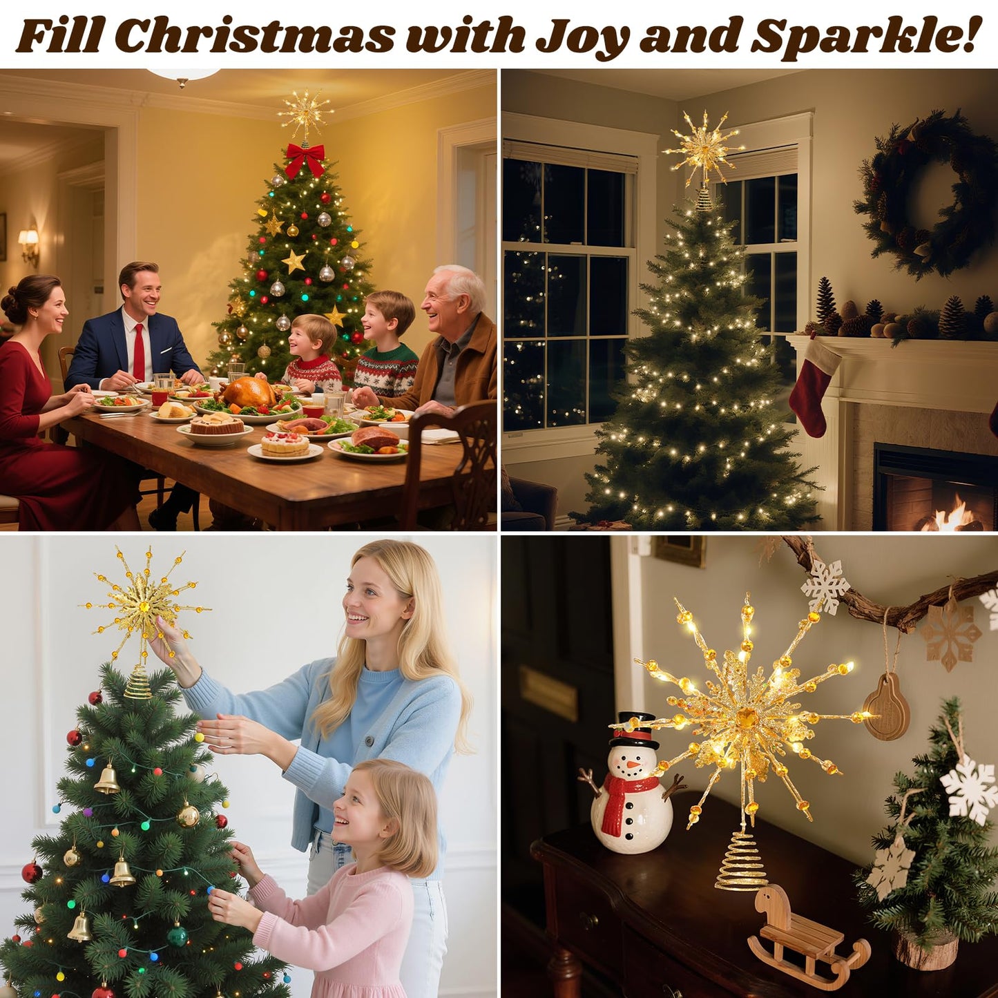Lewondr Christmas Tree Topper, 12.2'' Metal Xmas Star Tree Topper with 20 LED Bulbs, USB Powered Glittered 12-Pointed Treetop for Christmas Ornaments, Remote Control, 6H Timer, 8 Light Modes, Gold