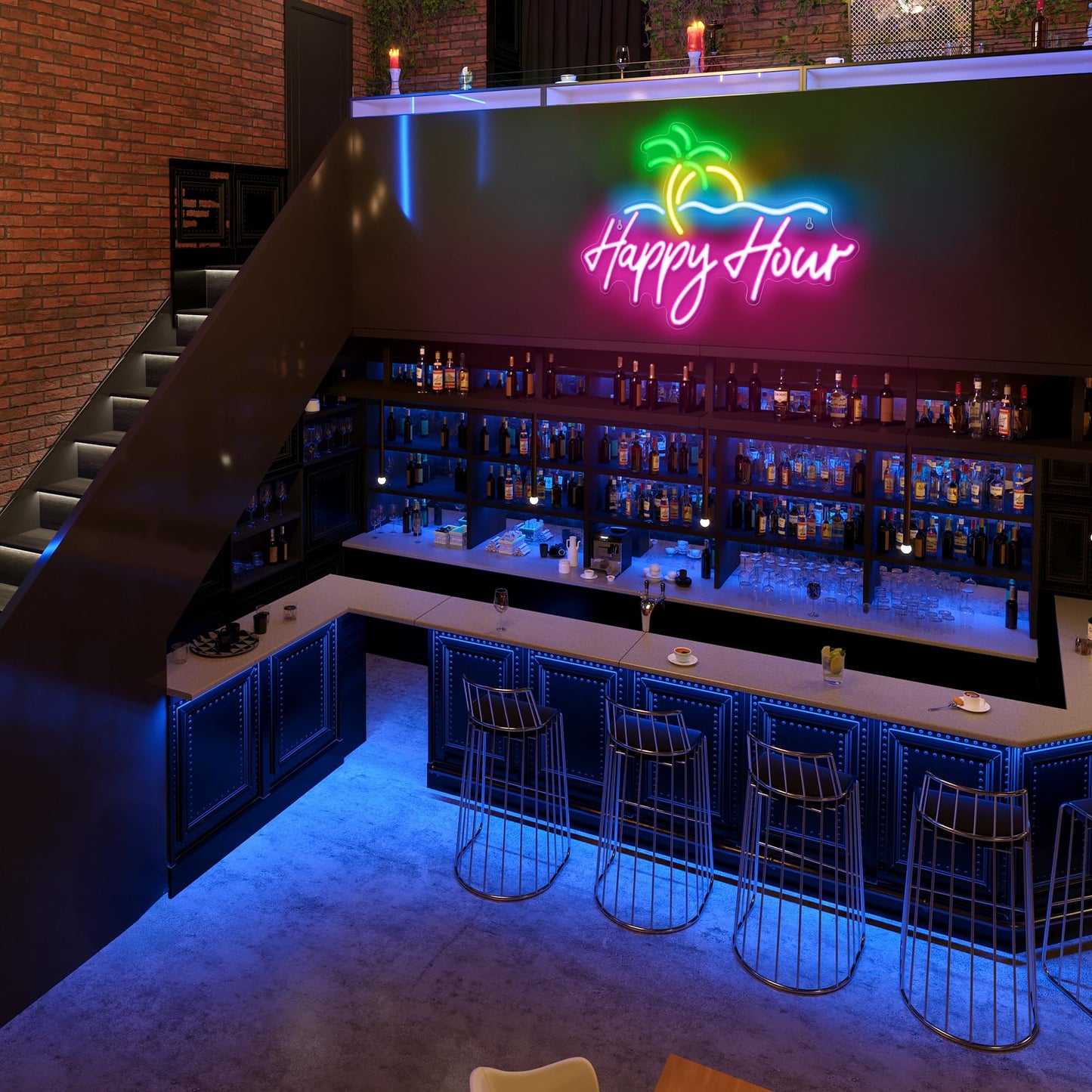 Kavaas Happy Hour Neon Sign 15.7" x 11.2", Palm Tree Neon Bar Signs for Home Bar Man Cave Club Pub Party - Best Gifts for Husband, Father, Birthday, Christmas