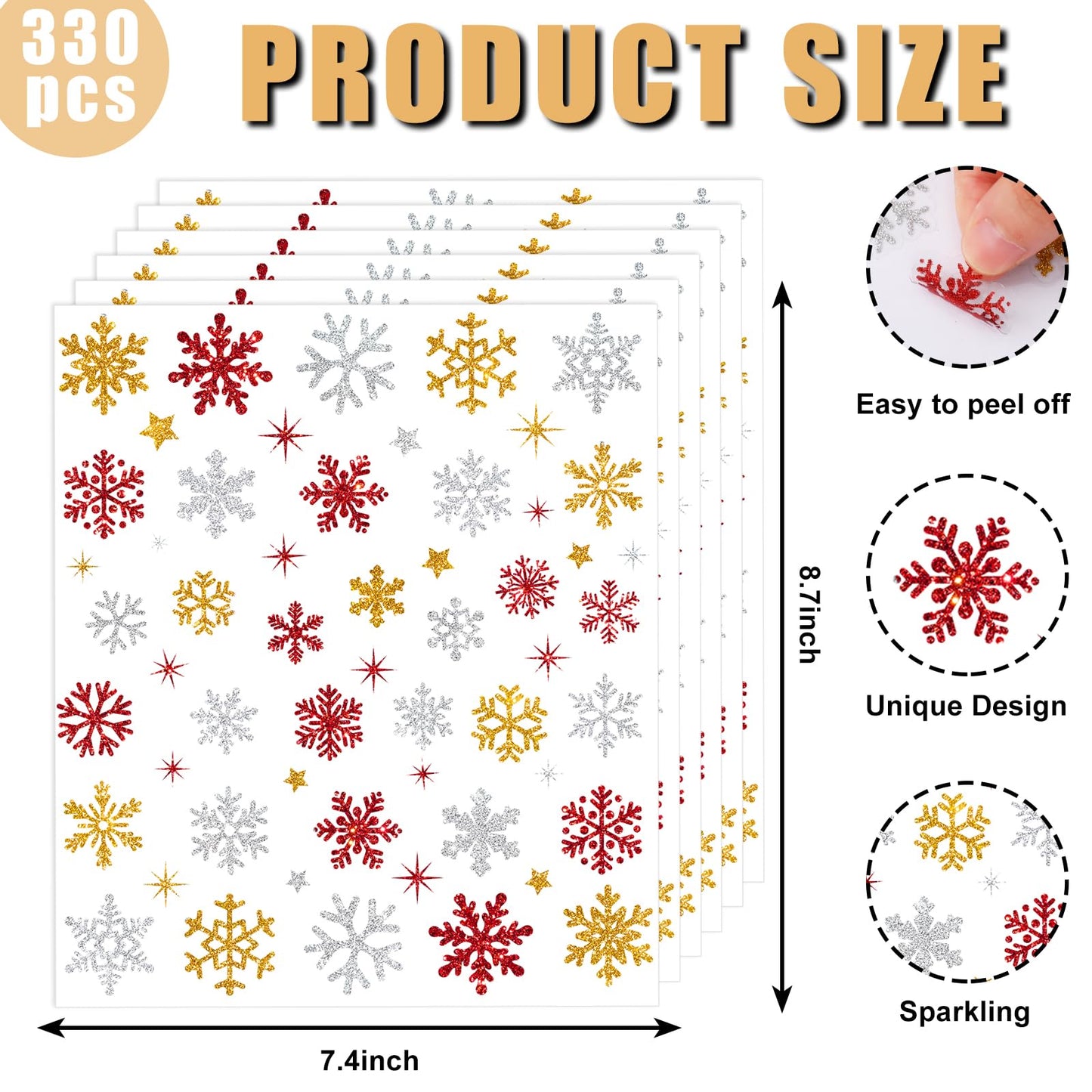 Whaline 330 Pcs Winter Glitter Stickers Gold Silver Red Snowflake Decals Self Adhesive Stickers for Christmas Home Party DIY Crafts Supplies, 10 Sheets