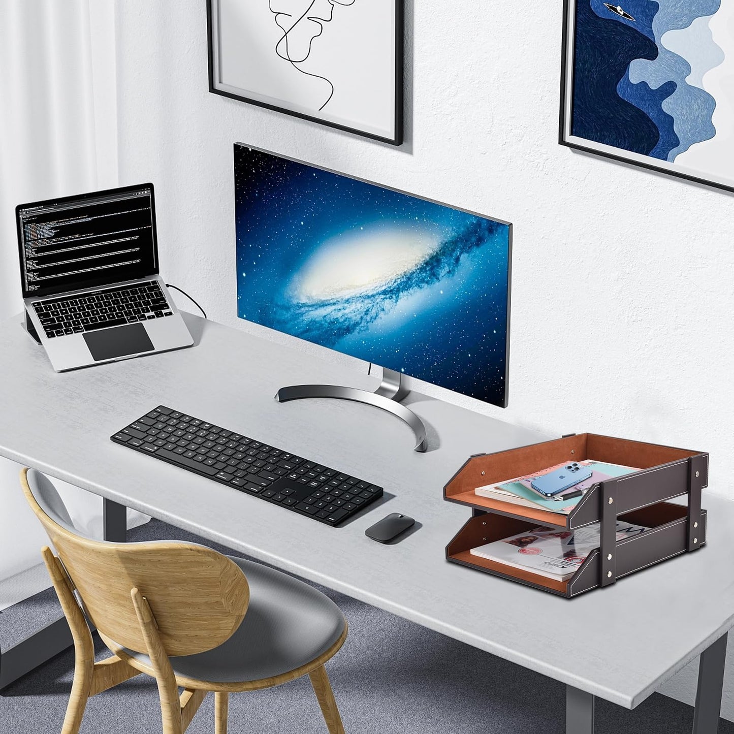 XNONE Leather Desk Organizer,2-Tier Stackable Letter Tray Holder,Office Supplies Desktop Storage Box for Document,Stationery,Magazines,Newspapers,Letters and Other Home Office Paper Sundries,Coffee