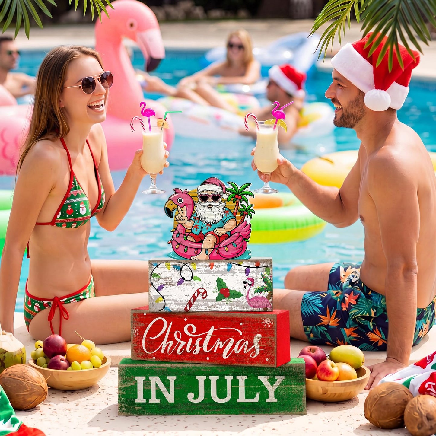 Lineshading 4 Pcs Summer Christmas in July Wooden Table Decoration Tropical Christmas Tiered Tray Decor Santa Claus Flamingo Beach Party Supplies Xmas Table Centerpiece Sets for Shelf Home Office