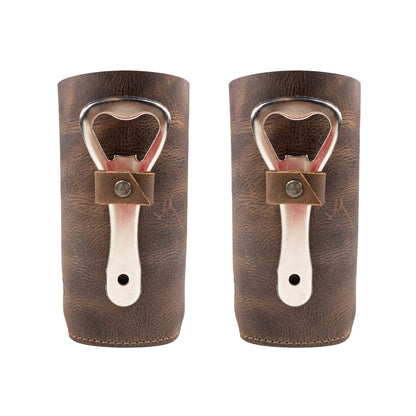 Hide & Groom, Set of 2 Bottle Sleeves with Bottle Opener Slot for Weddings, Best Man Accessories, Rustic Covers for Standard Bottles, Collapsible, Full Grain Leather, Handmade, Bourbon Brown