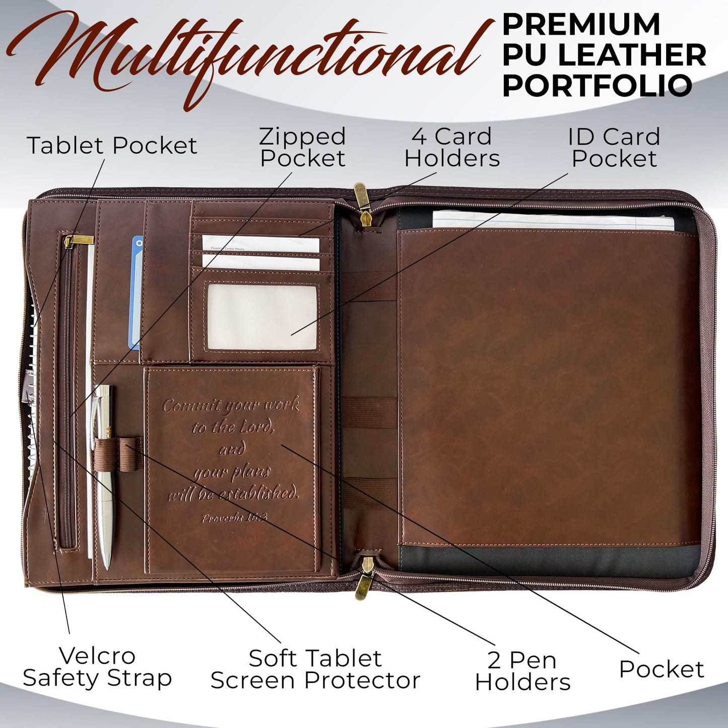 DEHITE Leather Portfolio for Men – Padfolio Case for Men and Women – Brown Bible Notebook Organizer – Pen Slots – Zipper Binder – Premium PU Leather – Feels Like Full-Grain – Office Gift Accessories
