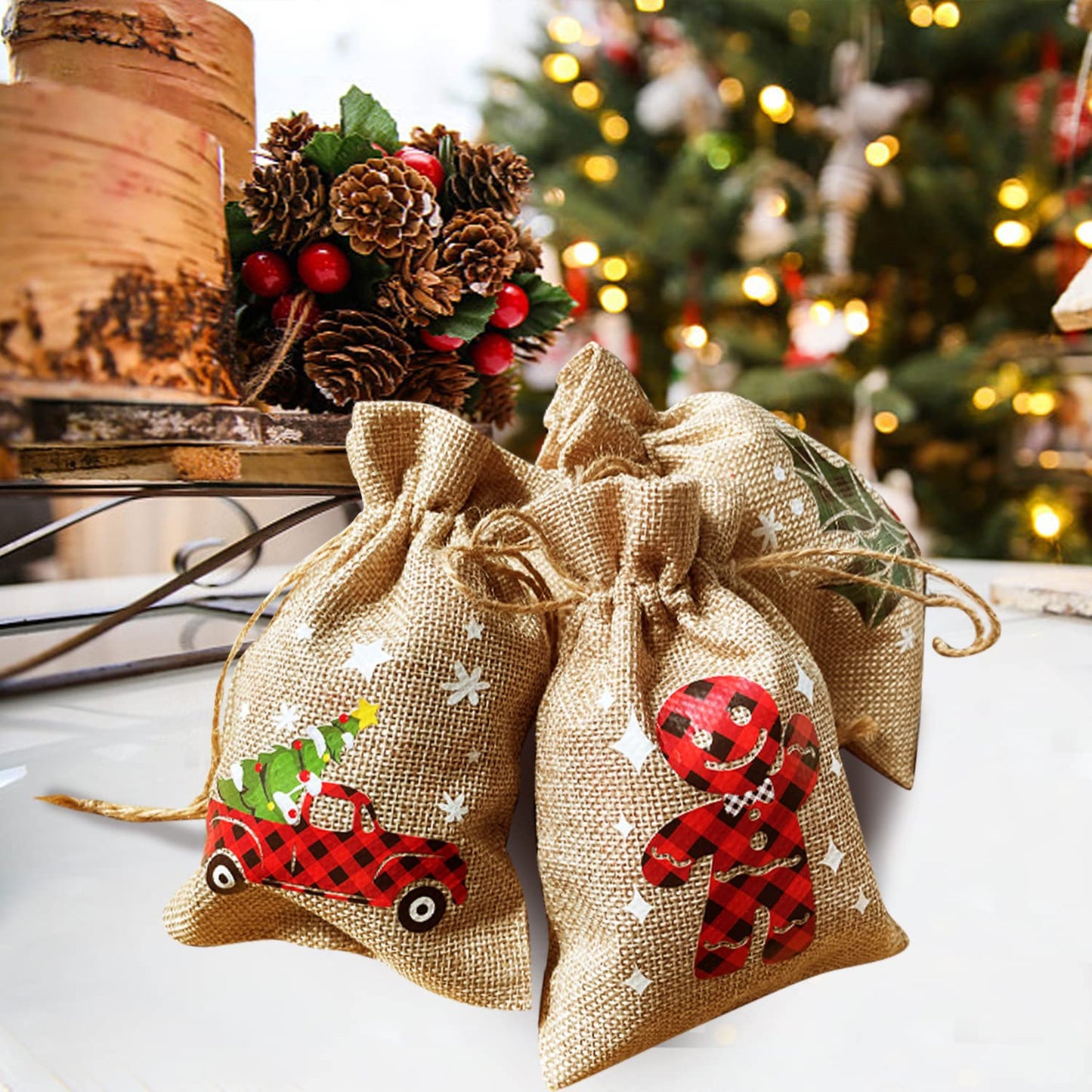 CCINEE 36pcs Christmas Burlap Bags, 4×6 Inch Drawstrings Christmas Linen Goody Gift Candy Bags with Double Jute Drawstrings for Candy Wrapper Xmas Party Favors