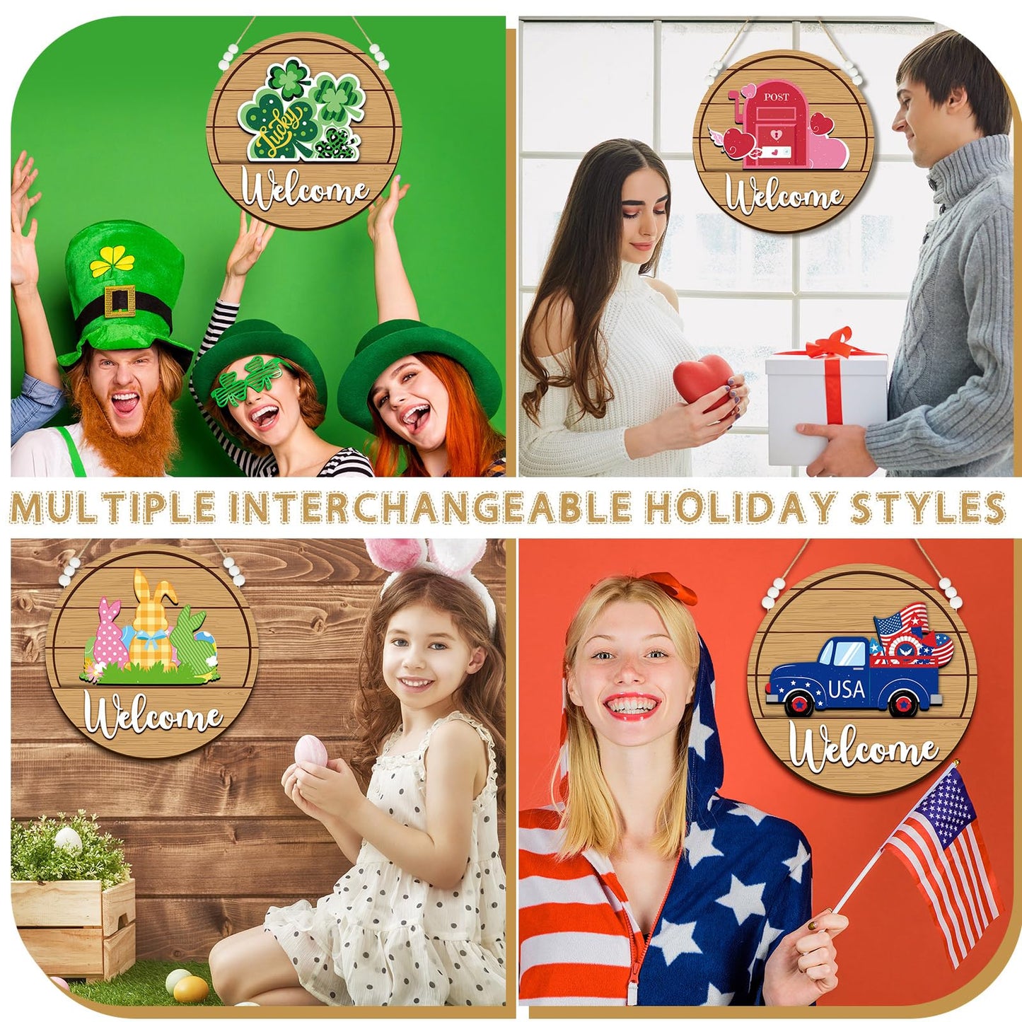 Sintuff 16 Pcs 12 Inch Interchangeable Welcome Sign for Front Door Wood Seasonal Magnetic Icon Holiday Wreath Decor Rustic Hanging Sign for Patriotic Summer Home Warming Gift(White Word, Wood Back)