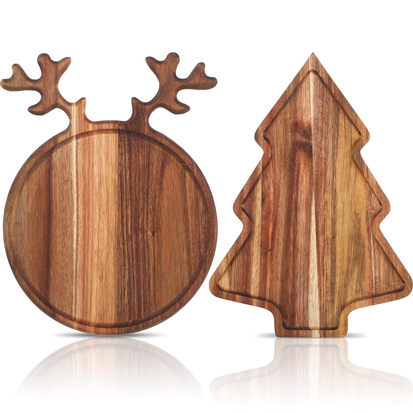 Umigy 2 Pcs Christmas Charcuterie Boards Christmas Tree Wooden Cutting Board with Handle Antler Acacia Wood Cute Cutting Board for Cheese Fruit Bread Salad Vegetables Snack Dessert