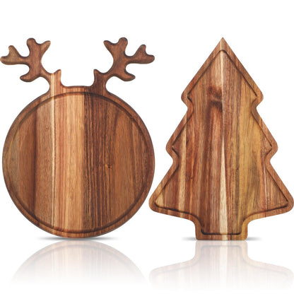 Umigy 2 Pcs Christmas Charcuterie Boards Christmas Tree Wooden Cutting Board with Handle Antler Acacia Wood Cute Cutting Board for Cheese Fruit Bread Salad Vegetables Snack Dessert