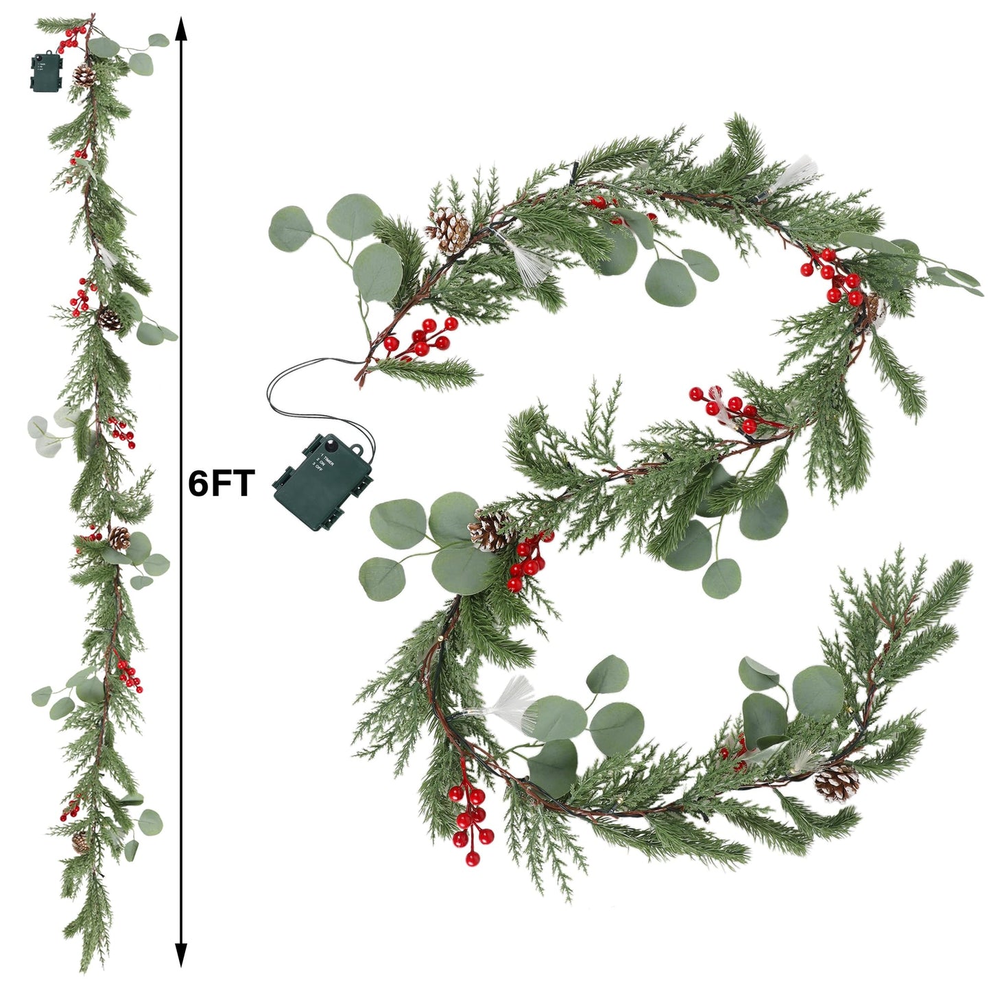 DR.DUDU Christmas Garland Decorations, 6FT Garlands with Lights Timer Indoor Decoration Pre-Lit Green Garland with Pine Cones Red Berry for Mantle Outdoor Fireplace Stairs Holiday Winter Decor