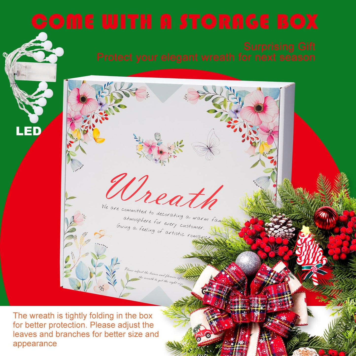 Christmas Wreaths for Front Door, 20 Inch Lighted Artificial Christmas Door Wreath with Candy Lollipops Ball Bow, Holiday Decorations for Home Decor