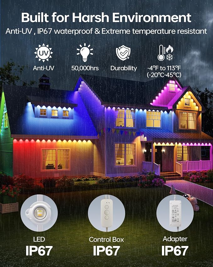 ASAHOM AI Permanent Outdoor Lights S107D, 200FT with 144 RGBCW LED Lights and Dual Output, 30,000 Lighting Effect Combination, IP67 Waterproof for House Halloween Christmas and Daily Decoration, White