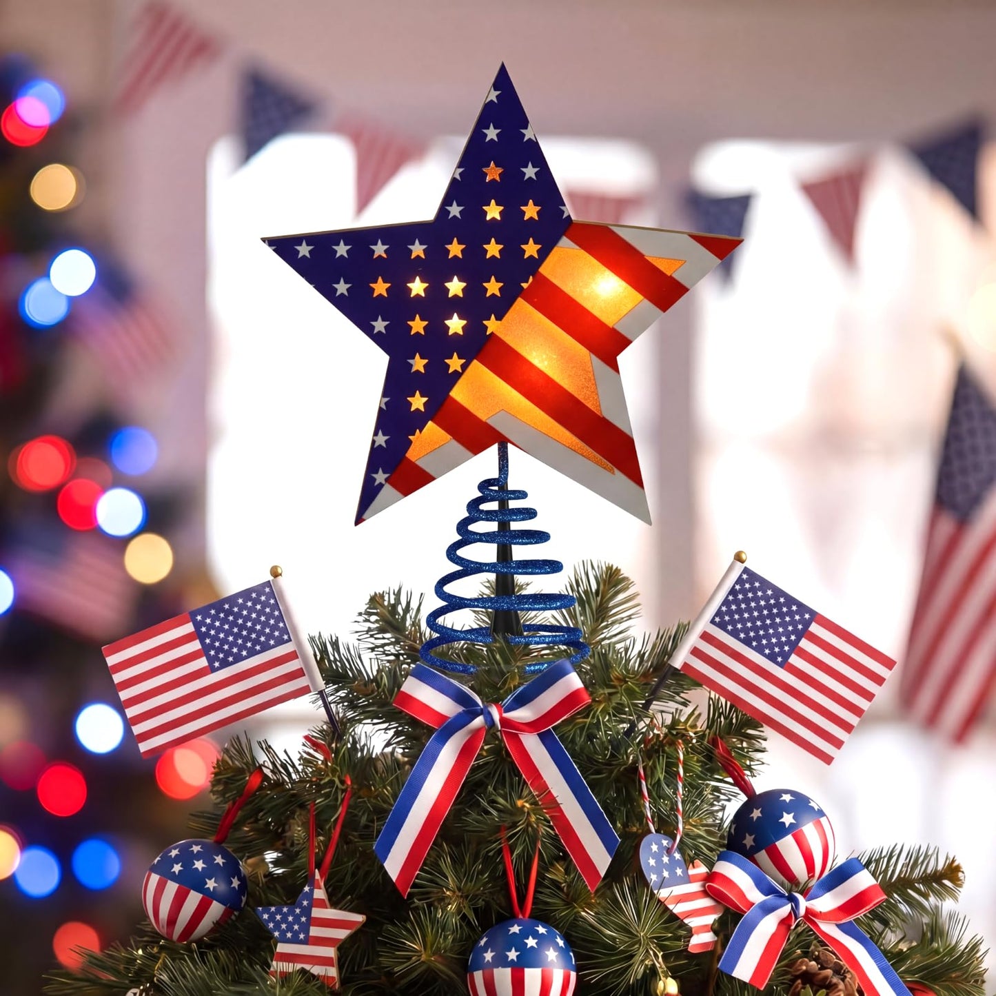 Craftsatin 9.2 Inch 4th of July Tree Topper Wooden Red White and Blue Patriotic 250th Star Tree Topper Happy Independence Day with LED Light for Party Decoration Tabletop Display Birthday Gift