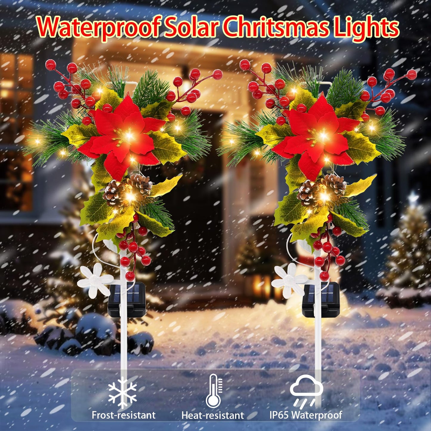 2 Pack Solar Christmas Decorations Outdoor, 32 Inch Solar Christmas Cross Stake Lights, Waterproof Grave Decorations with Poinsettia Flower Pinecones Red Berries for Garden Yard Patio Lawn Cemetery
