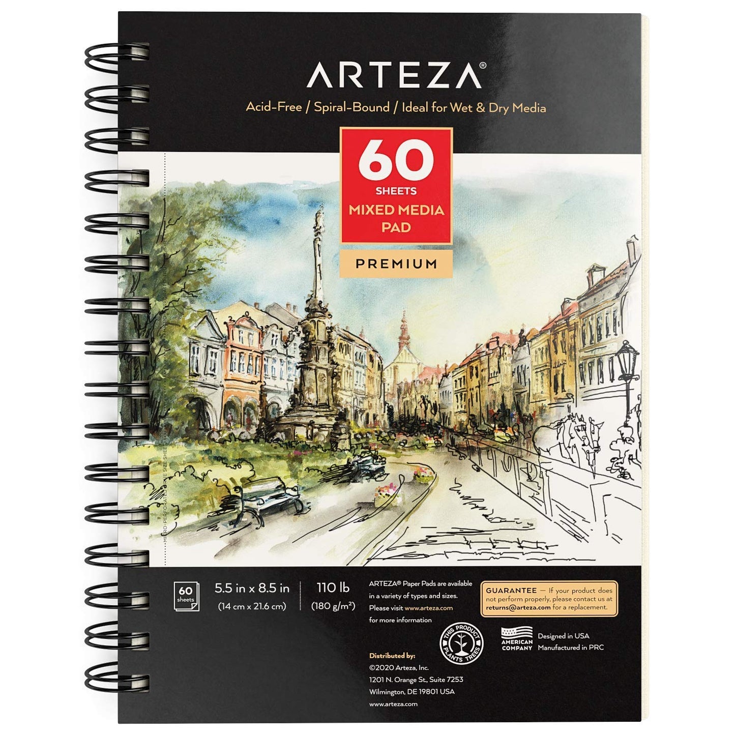 ARTEZA Mixed Media Sketchbook, 5.5 x 8.5 Inches, Pack of 1, 60 Sheets, Micro-Perforated Spiral-Bound Paper Pad for Wet and Dry Media