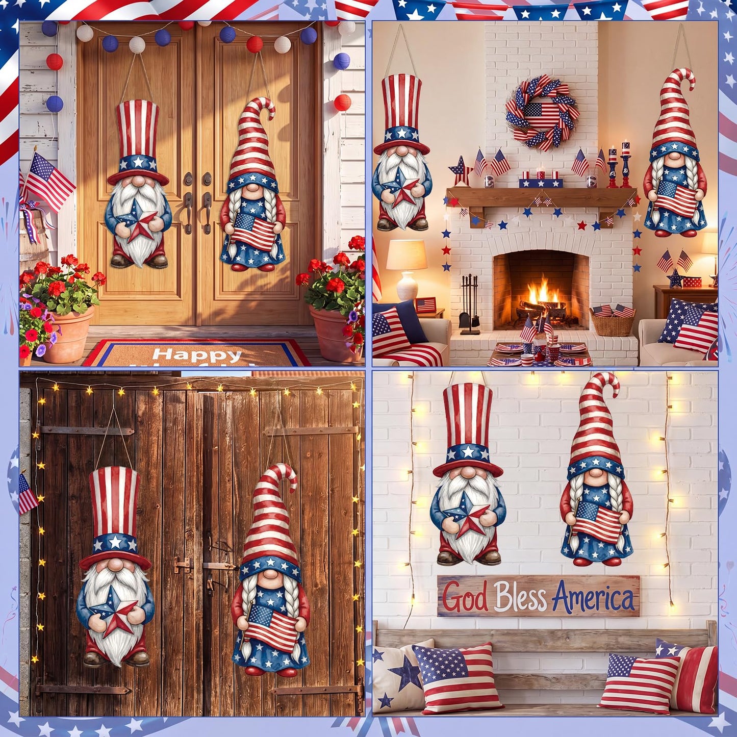 Thyle 2 Pcs Large Patriotic Gnomes Hanging Sign 32.3 x 12.2 Inch 4th of July Wooden Front Door Decorations Gnomes Wood Porch Sign for Independence Day 250th Anniversary Door Hanger