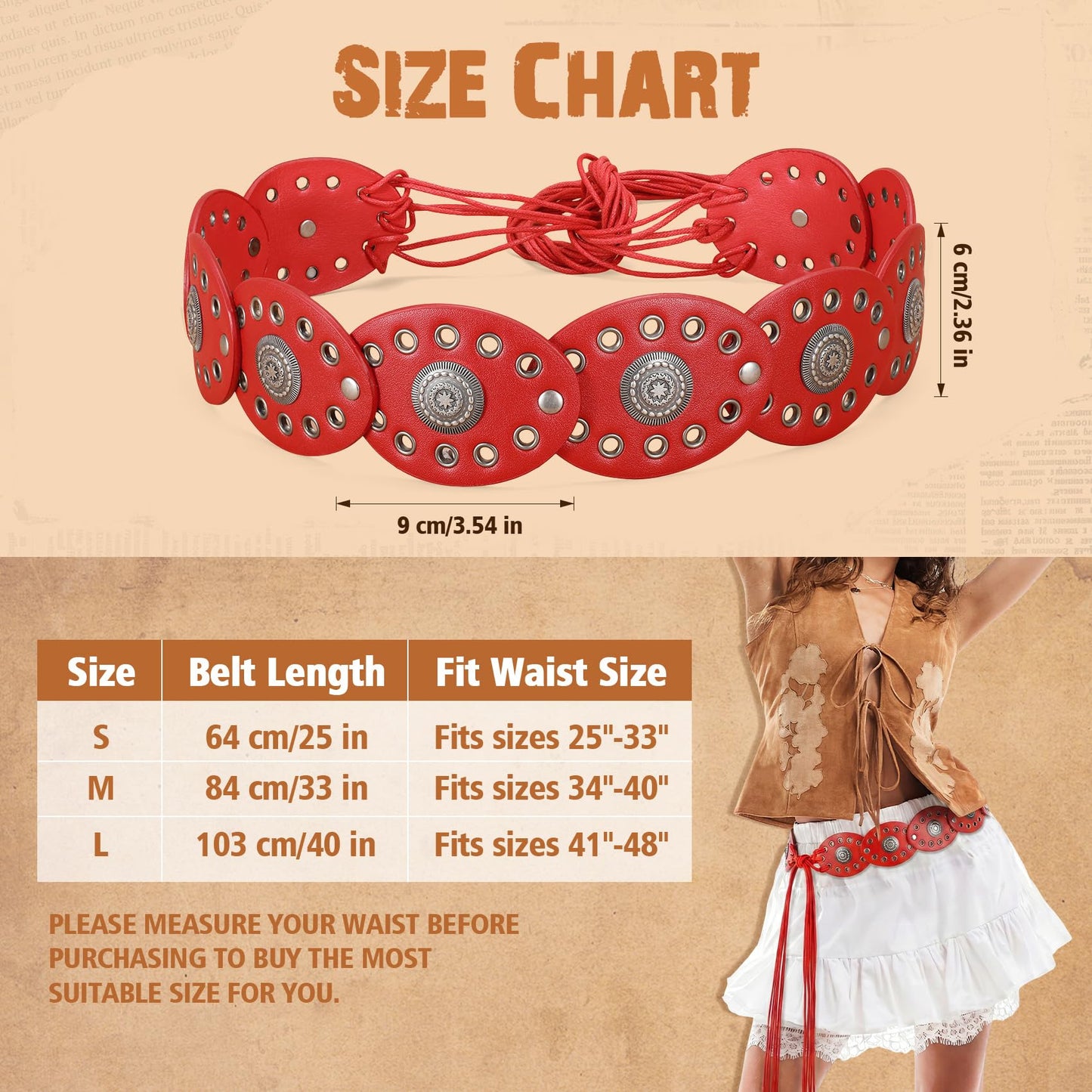 XZQTIVE Women's Boho Disc Belt Concho Western Cowgirl Cowboy Belt for Ladies Wide Vintage Leather Waist Belt for Dress