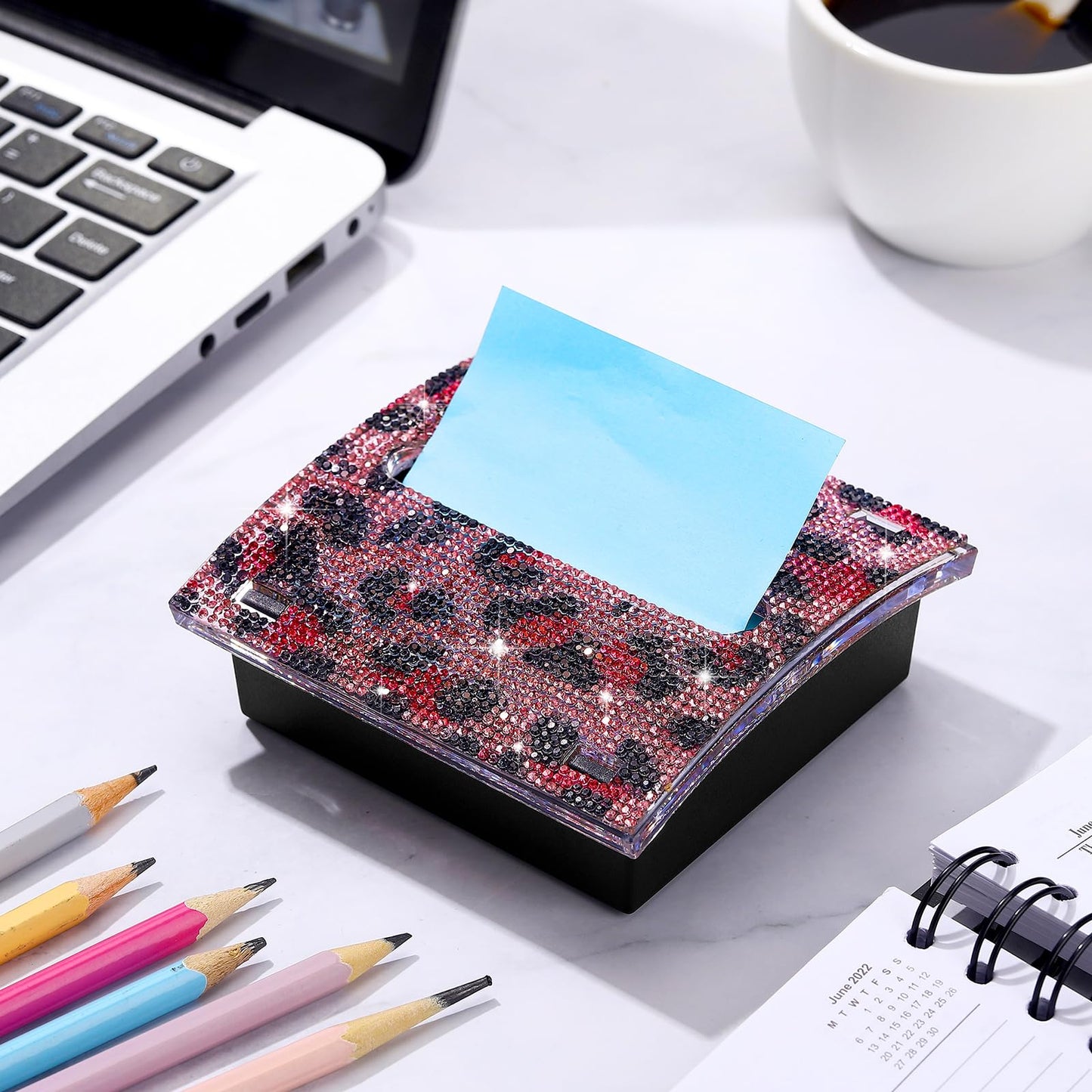 Barydat Rhinestone Self Stick Note Dispenser 4 x 4 Inches Pop up Note Pad Holders with Leopard Print Top Sticky Memo Holder for Office Home Classroom Desk Supplies