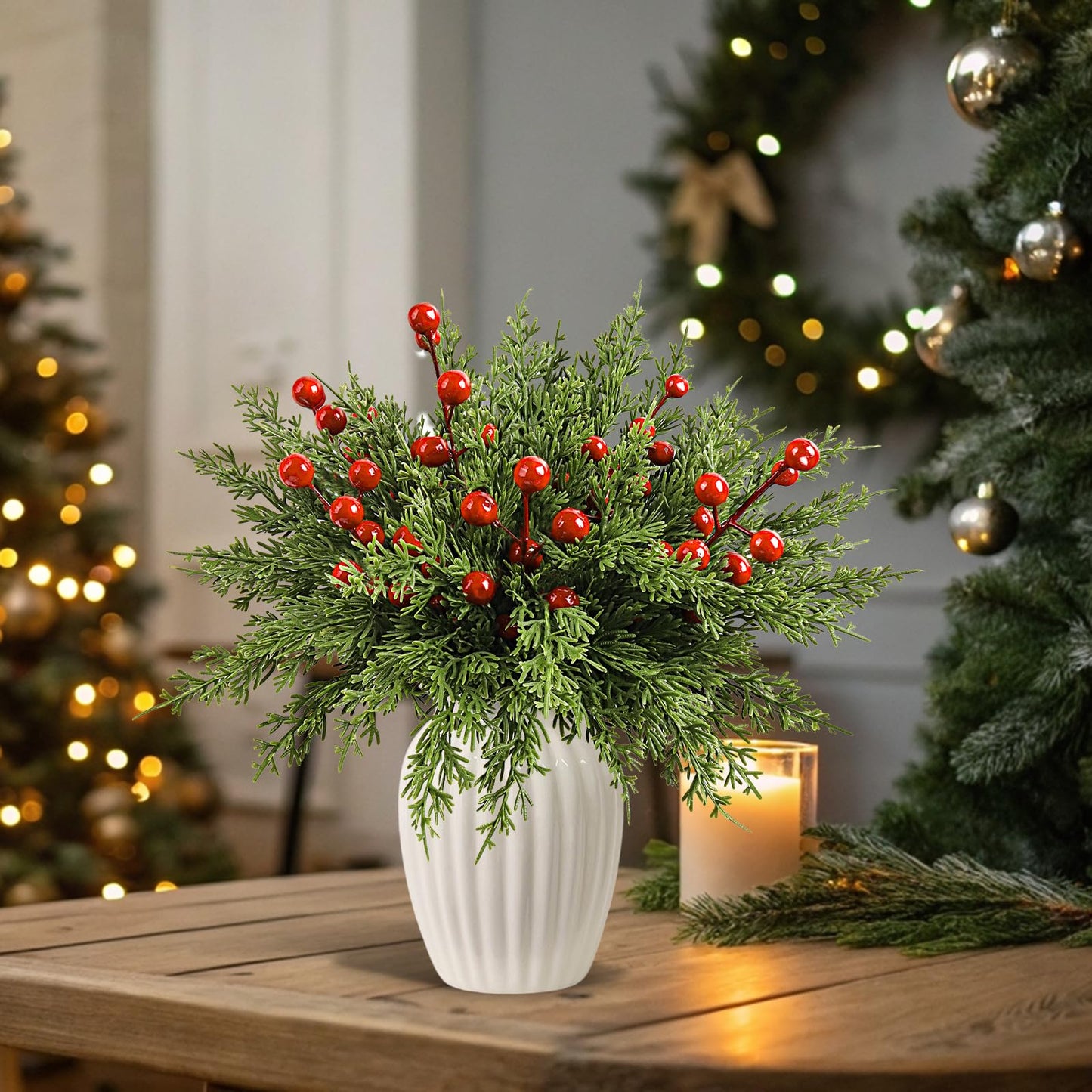 60Pcs Christmas Decorations-11.8'' Artificial Pine Branches with 7.9'' Red Berry Stems, Christmas Decor Faux Pine Greenery Stems, Christmas Tree Decorations & Christmas Picks for Indoor Outdoor