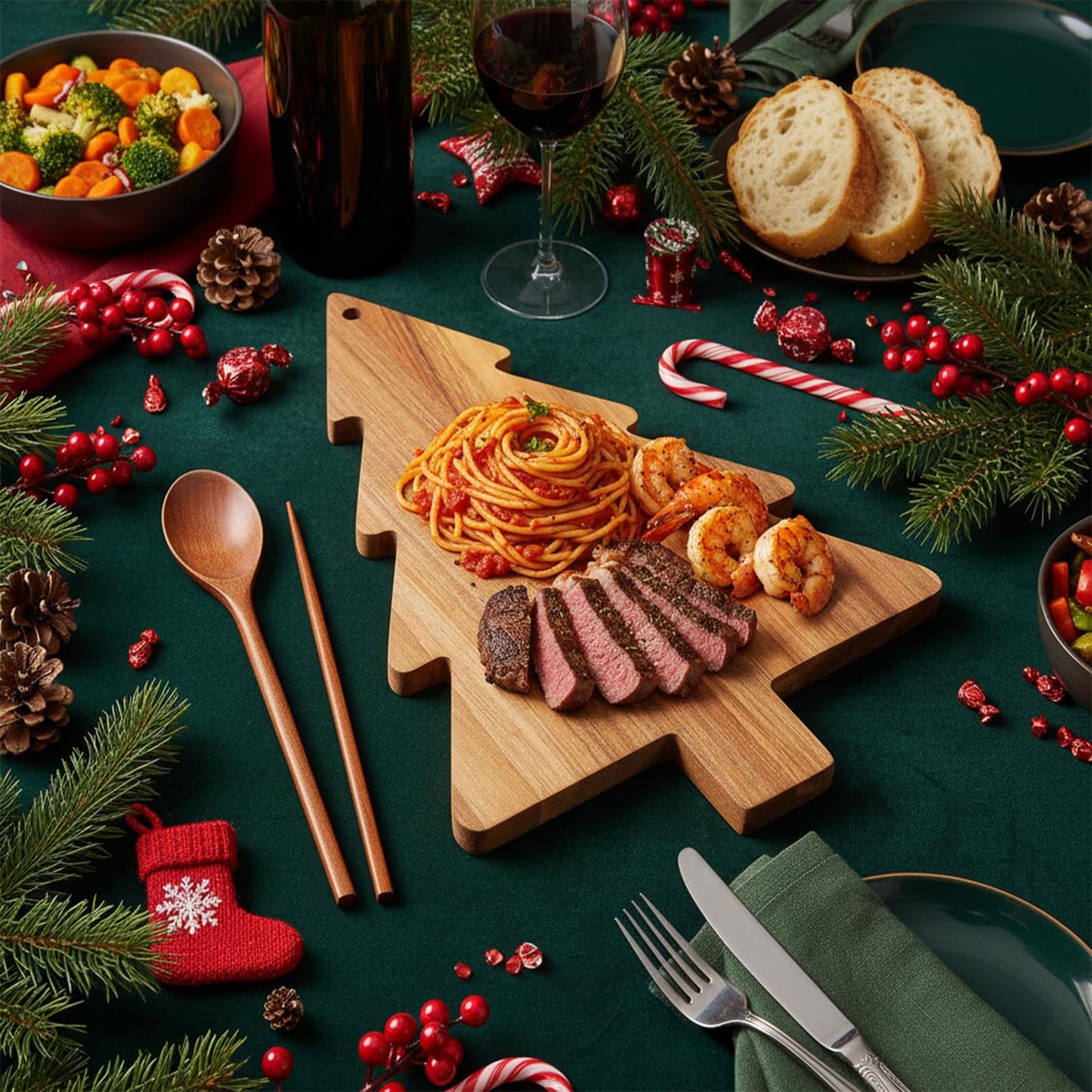 iplusmile 15" Christmas Tree Charcuterie Board, Acacia Wood Cutting Board & Serving Tray Set for Cheese, Meat, Fruit, Holiday Kitchen Decor & Party Appetizer Platter