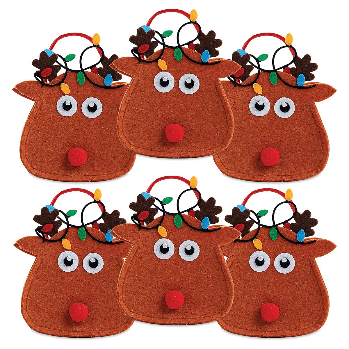 Reindeer Felt Christmas Treat Bags, Set of 6 Small Gift Bags, 5.25 inch by 6.75 inch, for Children Holiday Parties Teachers Decorations