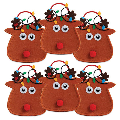 Reindeer Felt Christmas Treat Bags, Set of 6 Small Gift Bags, 5.25 inch by 6.75 inch, for Children Holiday Parties Teachers Decorations
