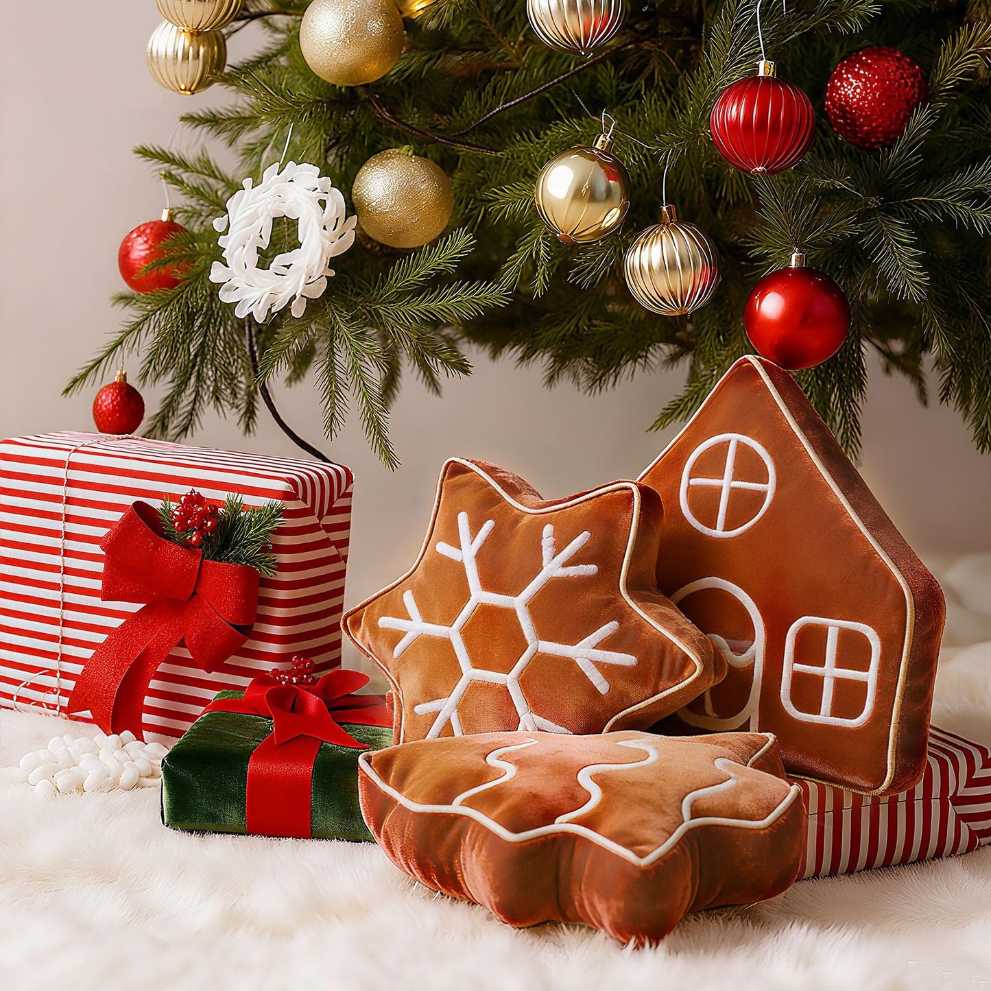 Amyhill 3 Pcs Christmas Velvet Throw Pillows Xmas Tree Gingerbread Man House Snowflake Pillows Embroidered Design Stuffed Christmas Decoration for Home Sofa Bed Couch Party
