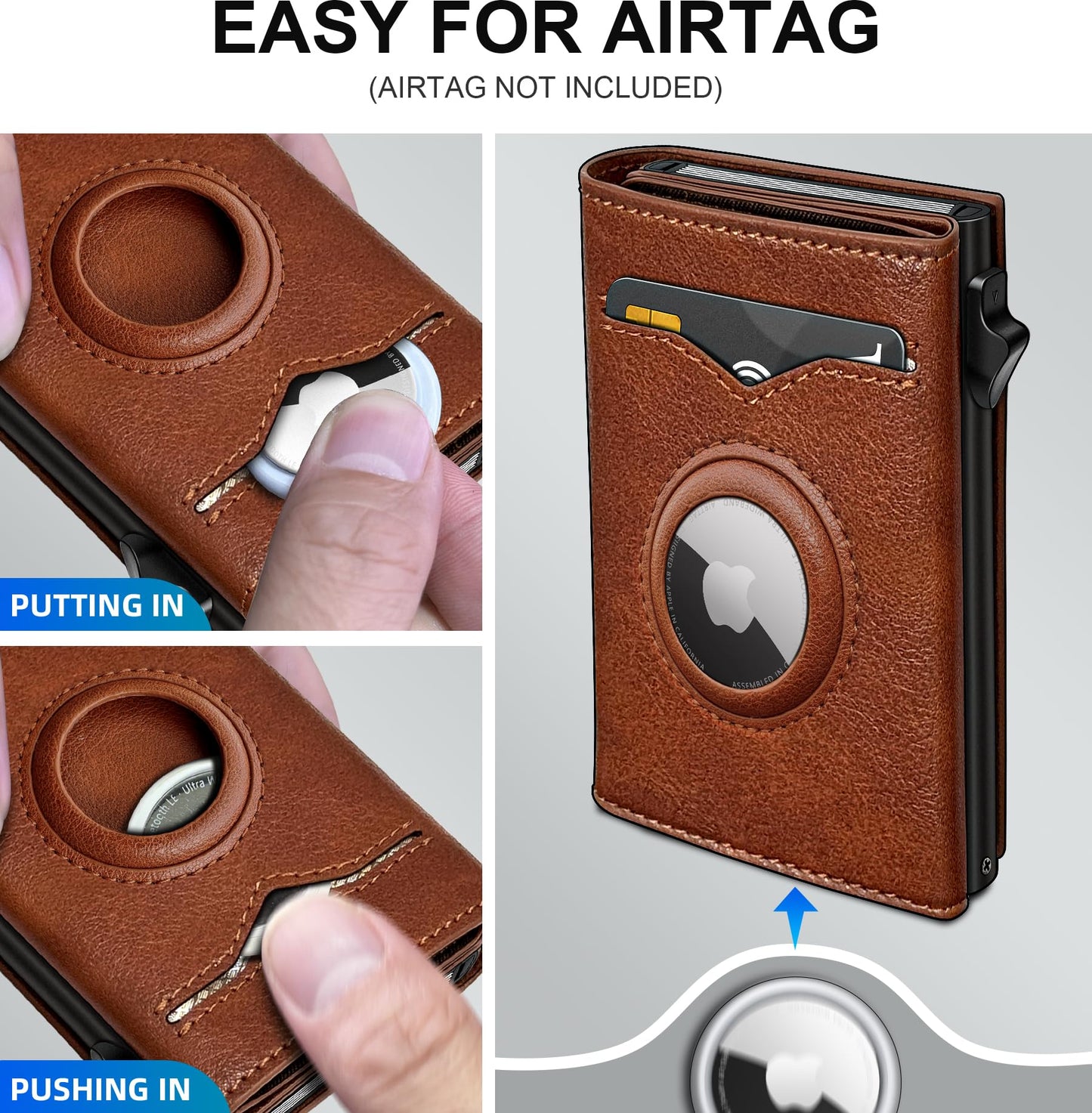 miyozi Airtag Wallet for Men,with Cash Pocket 2 ID Window 9-12 Cards,Metal Case Smart Slim Pop Up Credit Card Holder Flip with Magnetic Closure RFID Blocking Trifold wallet with Gift Box