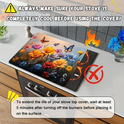 Floral Stove Top Cover for Electric Stove, Flower Range Covers, Butterfly Range Top Mat, Winter Holiday Cooktop Cover 28x20 inch, Glass Cooktop Covers for Kitchen Home Decor, Reusable Cover