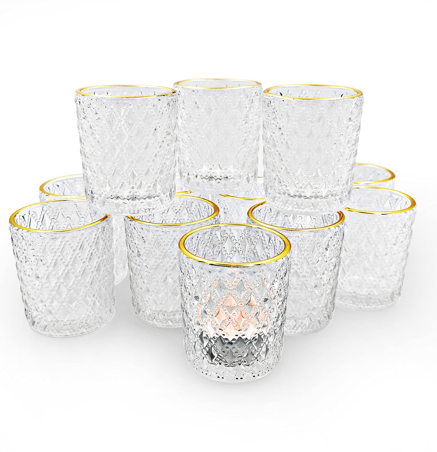 SHMILMH Clear Votive Candle Holders, Glass Tealight Candle Holders Bulk with Rim for Wedding Table Centerpiece Birthday Party Thanksgiving Decor, Set of 12