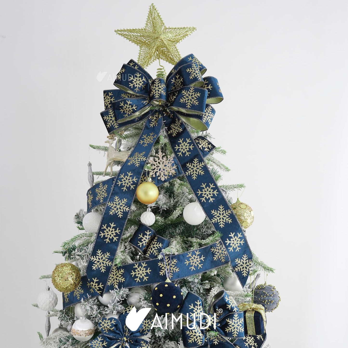AIMUDI Navy Blue Velvet Ribbon 2.5 Inch Navy and Gold Snowflake Christmas Wired Ribbon for Gift Wrapping, Wreaths, Christmas Trees, Garlands, Holiday Crafts, Topper Bows, Home Decor 10 Yards