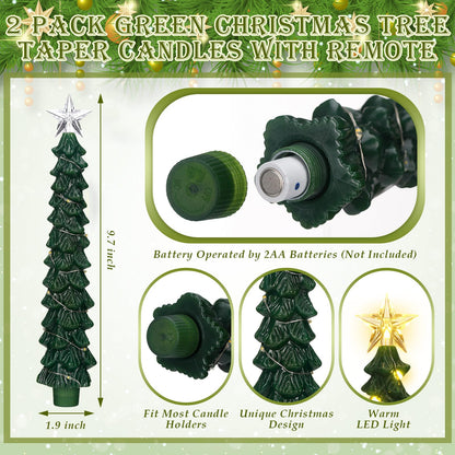 Tujoe 2 Pcs Green Christmas Tree Candles with Remote Flameless Taper Candles Flickering Led Xmas Candlesticks Battery Operated 3D Wick Warm Light for Holiday Winter Table Centerpiece Decorations