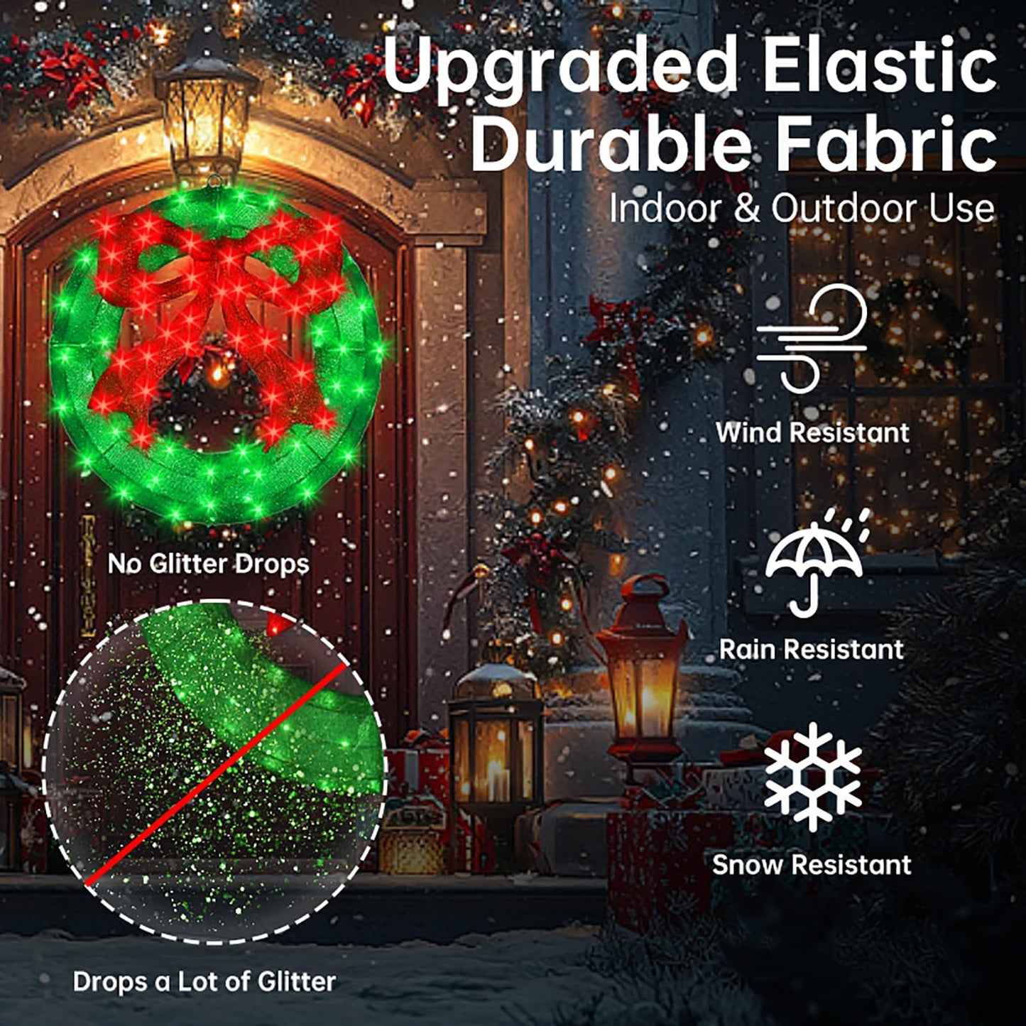 Outdoor Christmas Wreath Decoration - 24" Bright LED Christmas Wreath Lights with Bow, Large Lighted Christmas Wreaths Window Lights for Wall, Windows, Front Door Decor, Red Bow - Green Wreath