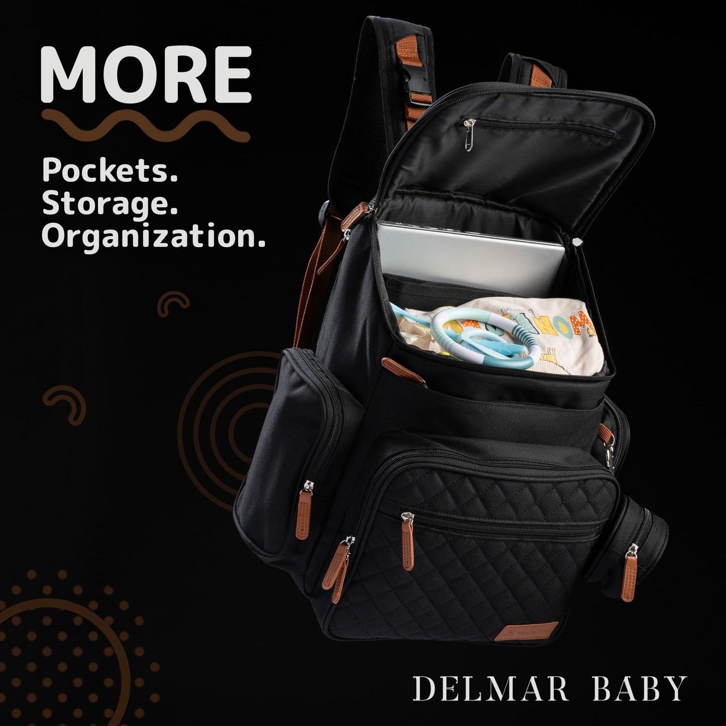 DELMAR BABY Large Diaper Bag Backpack for Mom & Dad | Unisex Baby Travel Bag | 15 Pockets | Changing Pad | Stroller Straps | Stylish & Washable | Newborn Essentials | Black