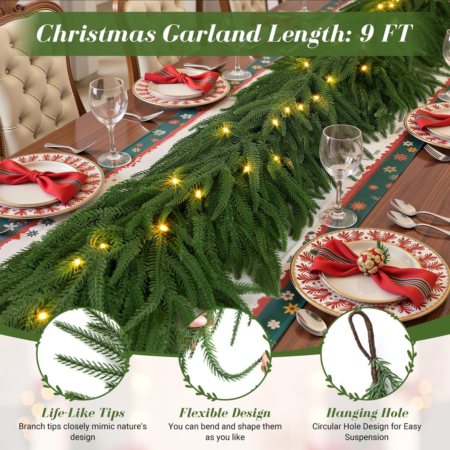 9ft Artificial Christmas Garland with Lights, Real Touch Norfolk Pine Garland - Pine Garlands, Prelit Green Christmas Garland for Mantle, Table, Fireplace, Indoor, Outdoor Christmas Decorations