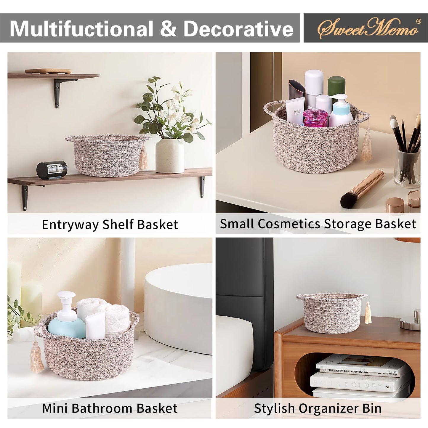 SweetMemo Small Gift Basket Empty Set of 2 - Little Cute Woven Rope Organizer Bins for Baby Shower Gifting, Makeup, Bathroom, Desk, Decorative Vanity - Pre-Shaped, Brown