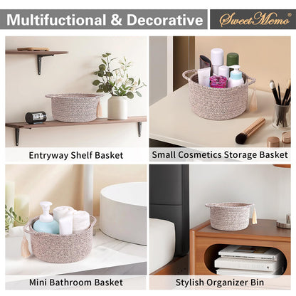 SweetMemo Small Gift Basket Empty Set of 2 - Little Cute Woven Rope Organizer Bins for Baby Shower Gifting, Makeup, Bathroom, Desk, Decorative Vanity - Pre-Shaped, Brown