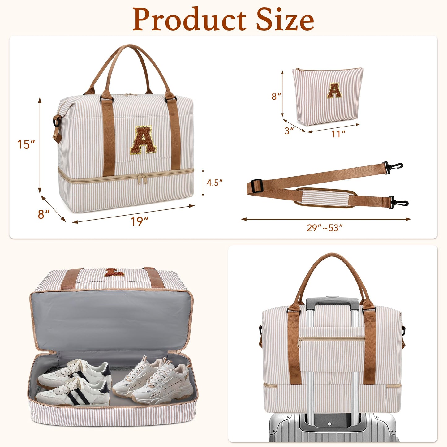 CLOUDWINGS Girls Overnight Weekender Duffle Bag with Shoe Compartment Travel Carry On Teenager Girl Dance Cheer Gym Bag Personalized Initials Birthday Gifts for Teenage Kids Women (Khaki-A)