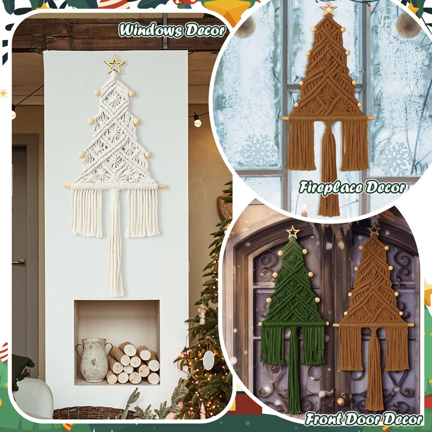 HunnmingRe 3 Pcs Large Macrame Christmas Tree Macrame Christmas Wall Decoration Hanging Ornaments Boho Wall Decor for Party Supplies (Beige,Brown and Army Green)