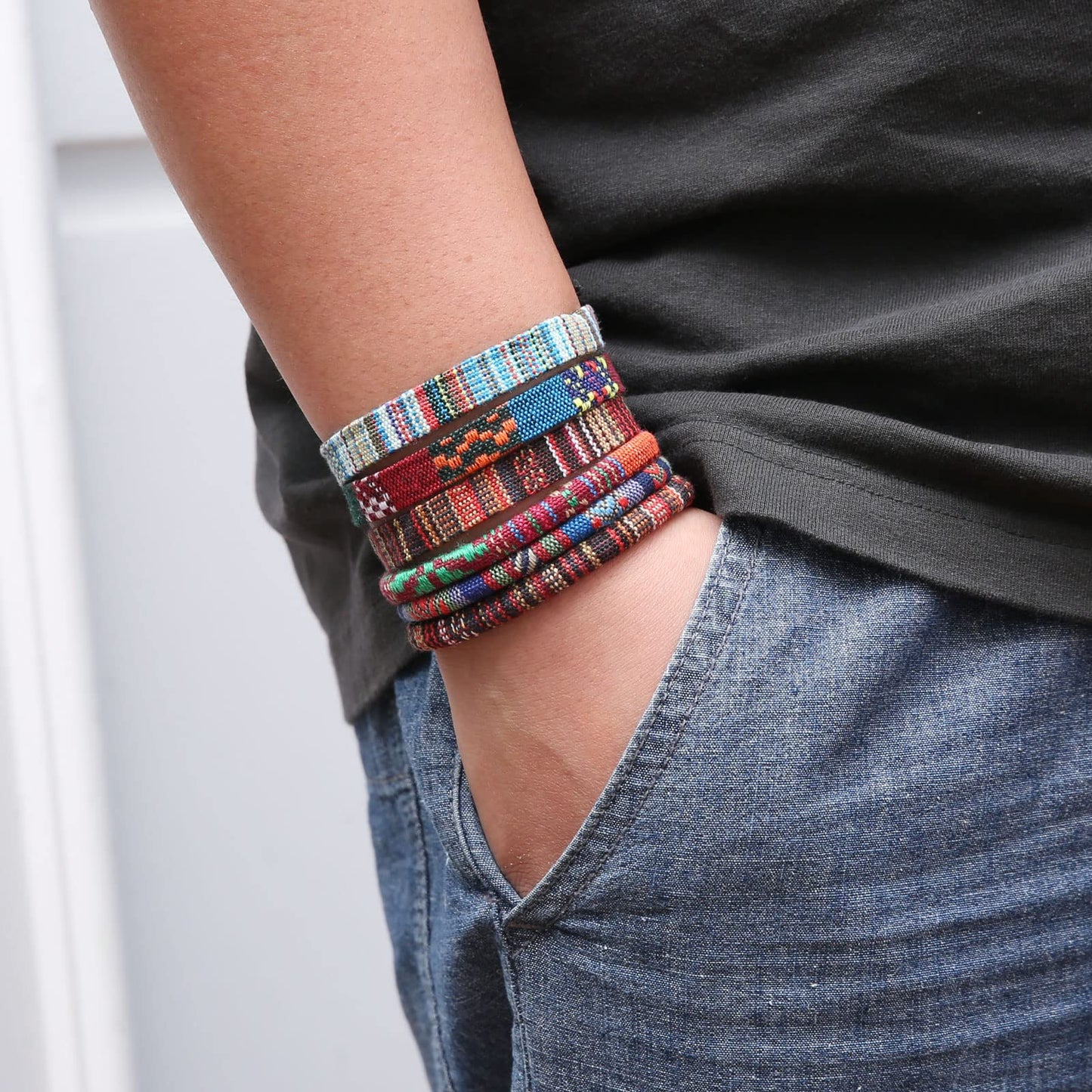 HZMAN 2Pcs Handmade Braided Leather Bracelet for Men Women Bohemian Ethnic Tribal Multilayer Hemp Rope Wristbands Wrap Cuff Bracelet