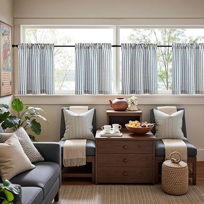 jinchan Striped Linen Kitchen Curtains 24 Inches Length Tier Curtains Farmhouse Modern Cafe Style Small Window Treatments Airy Light Filtering Rod Pocket for Living Room Bathroom 2 Panels Blue
