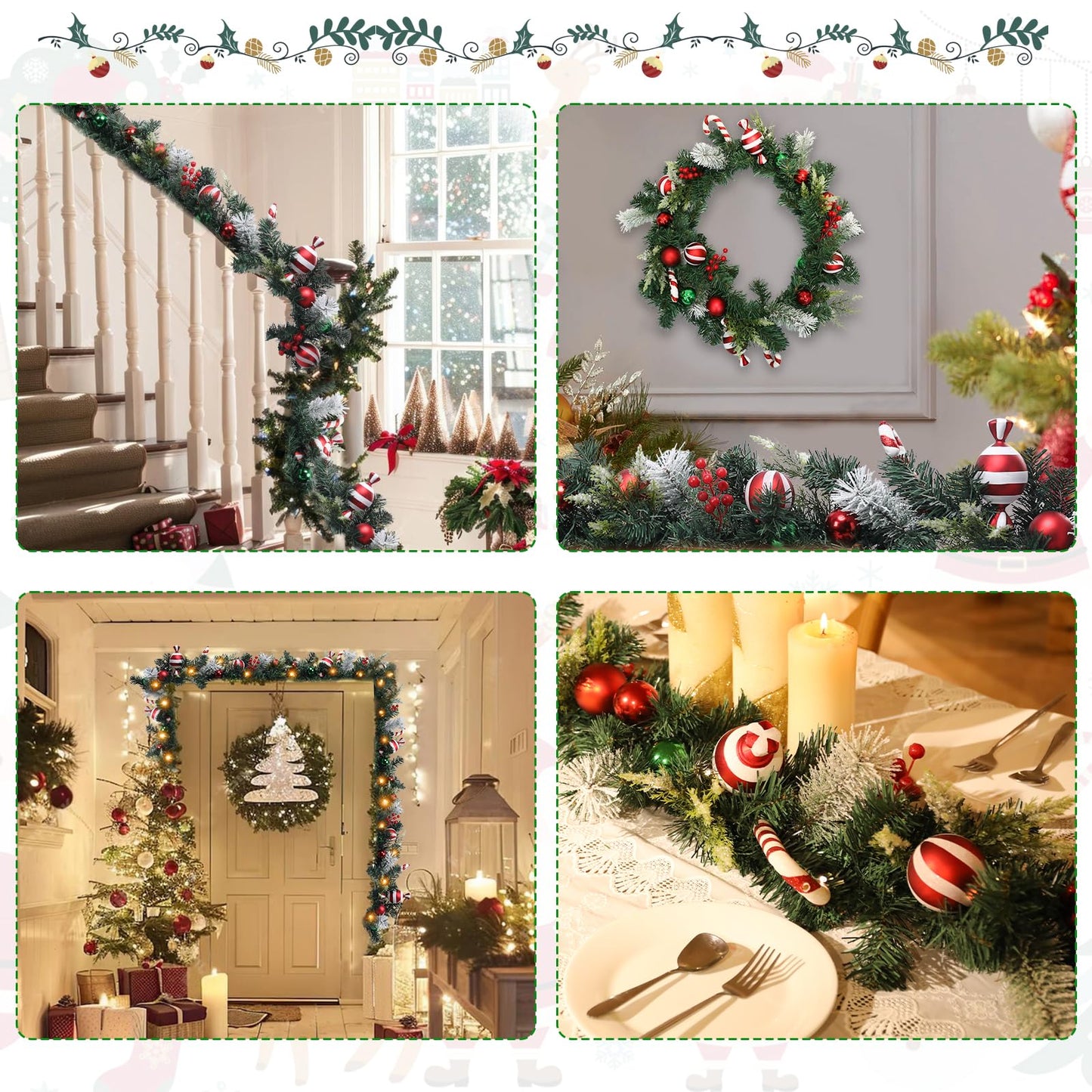 6 FT Christmas Garland with Lights, Prelit Wintry Pine Flocked Garlands with Candy Cane and Ball Ornaments, Battery Operated Artificial Christmas Garlands for Front Door Fireplace Mantle Decor