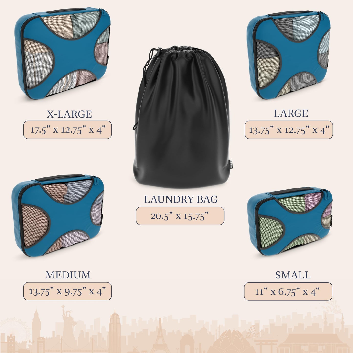 Shacke 5 Set Packing Cubes for Travel – Luggage Organizer & Suitcase Bags with Laundry Bag, Carry On Packing Organizer, Travel Accessories for Women Men (Gentlemen's Blue)