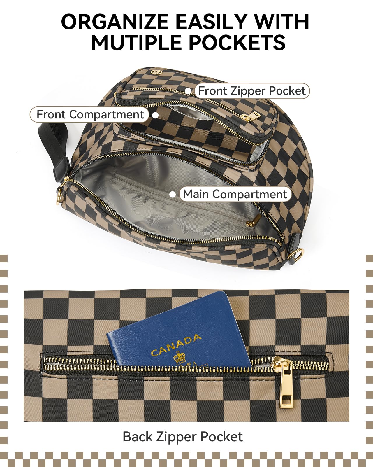 BOSTANTEN Crossbody Bags for Women Cross Body Purse Checkered Bum Bag, Large Diaper Purse for Moms, Perfect for Work/Travel