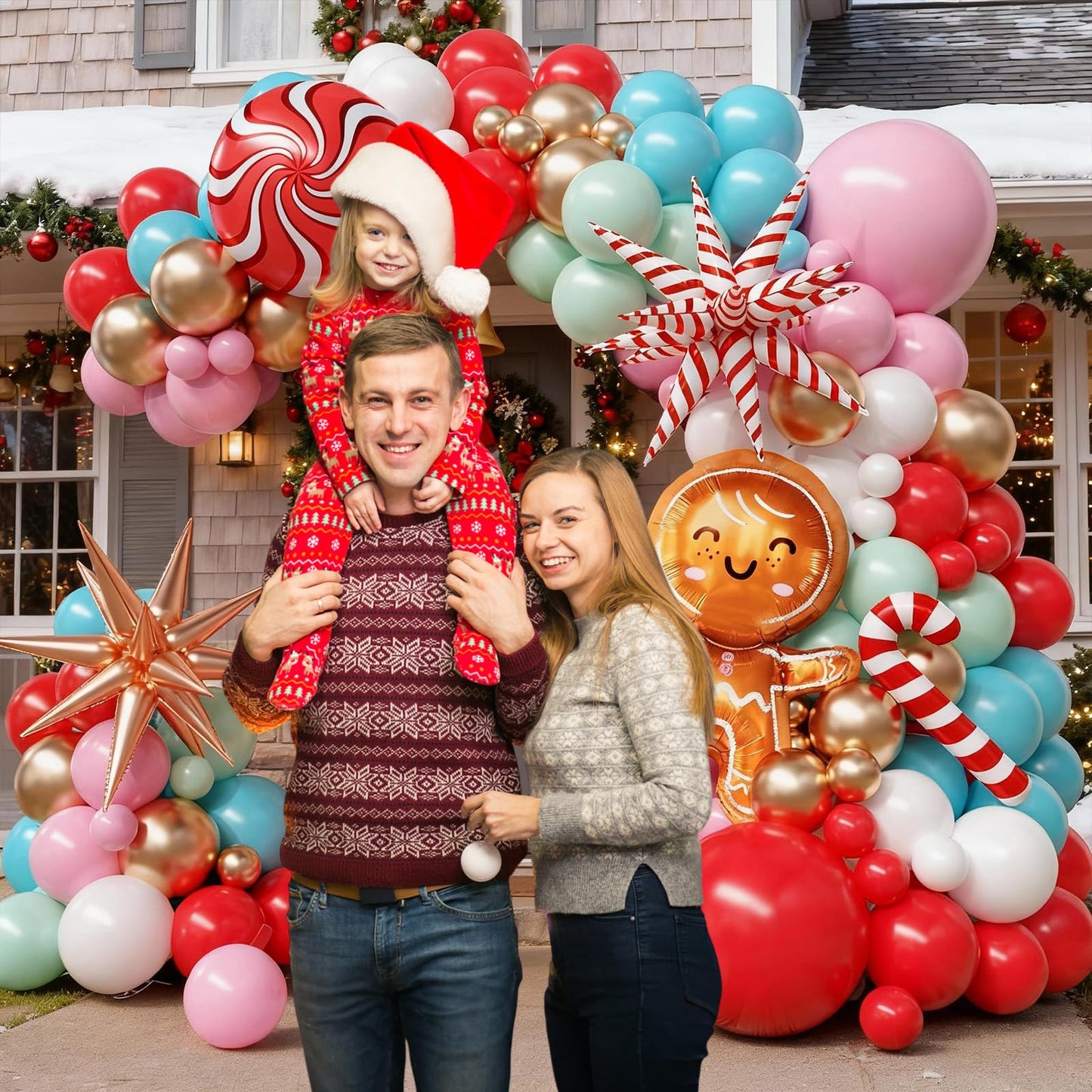 Christmas Balloon Arch Kit, Gingerbread Man Balloon Garland Kit, Red Pastel Green Pink Teal Blue Balloons Christmas Foil Balloons Candy Cane Star for Xmas Birthday New Year Party Decorations