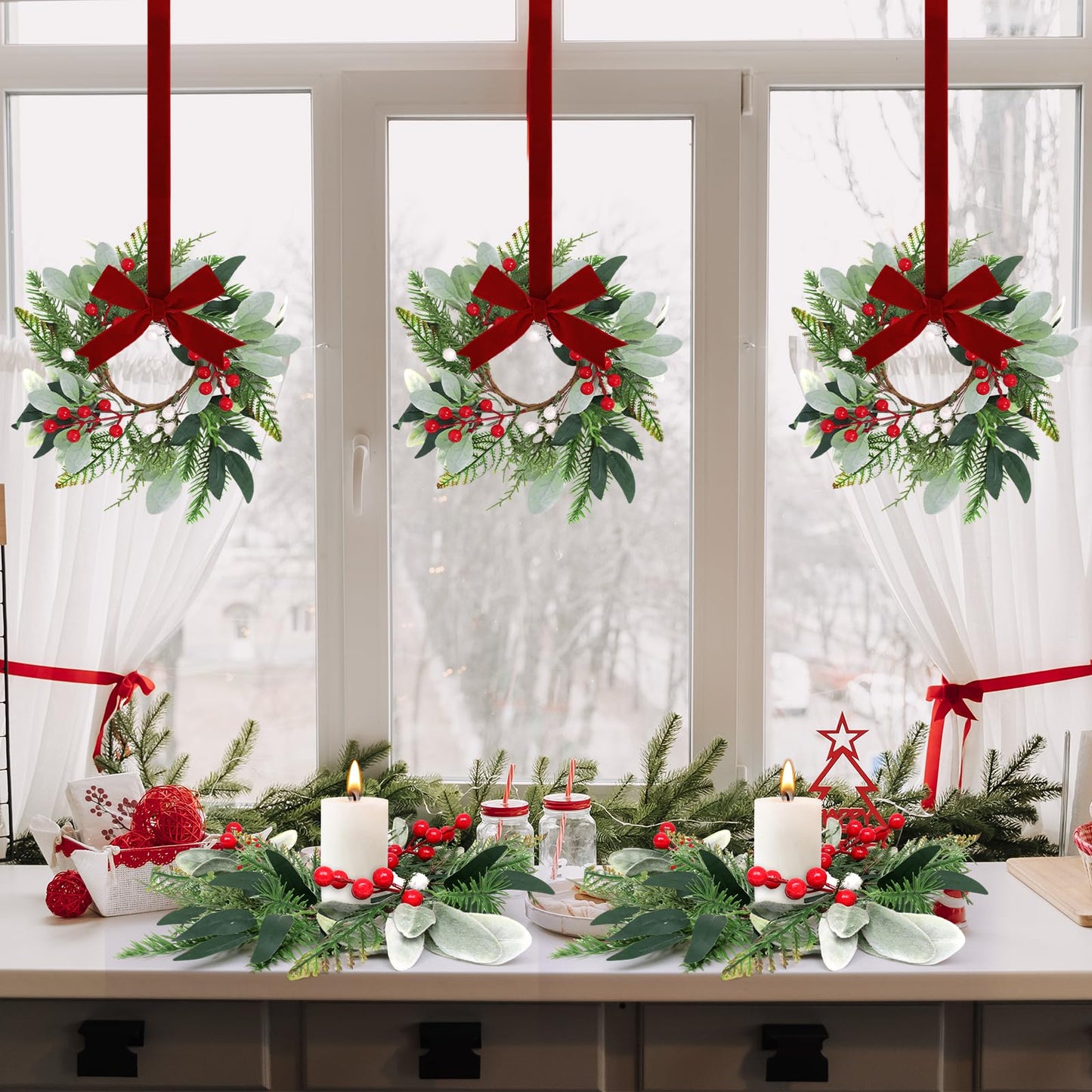 6 Pcs 9'' Mini Christmas Hanging Wreaths Artificial Norfolk Pine Red Berries and Lambs Ear Leaves Small Candle Ring Wreaths for Kitchen Cabinet Farmhouse Front Door Window Xmas (Excluding Ribbons)