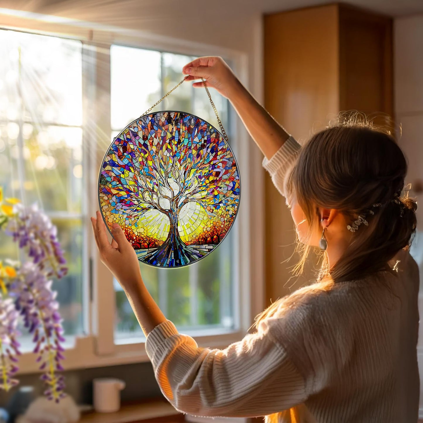 Stained Glass Window Hanging, 8 in Tree of Life Sun Catchers Indoor Window, Stained Glass Suncatcher, Gifts for Women, Her, Wife, Friend and Mom for Mother's Day, Christmas, Birthday