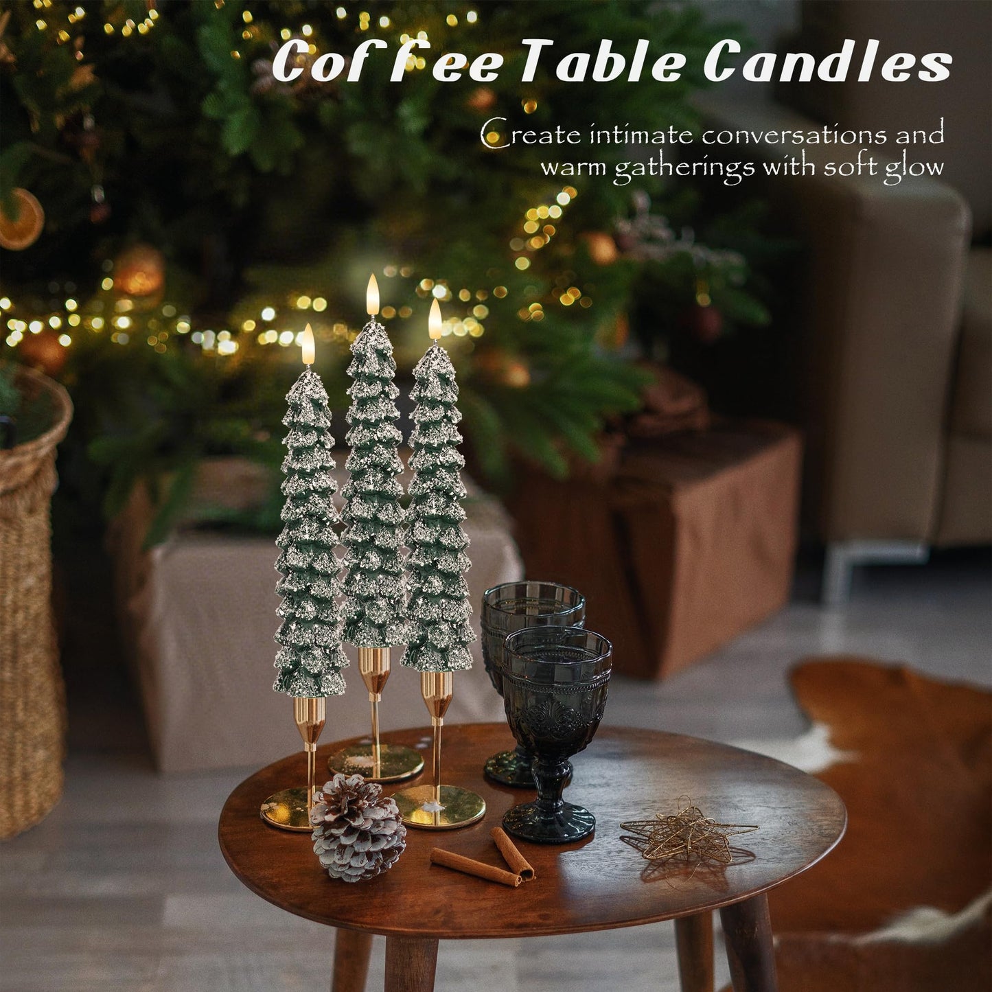 Christmas Tree Flameless Taper Candles with Remote 3 Packs, Battery Operated Real Wax LED Candlesticks with 3D Flickering Flame, Perfect for Holiday, Christmas and Home Decor, Green with Snowflake